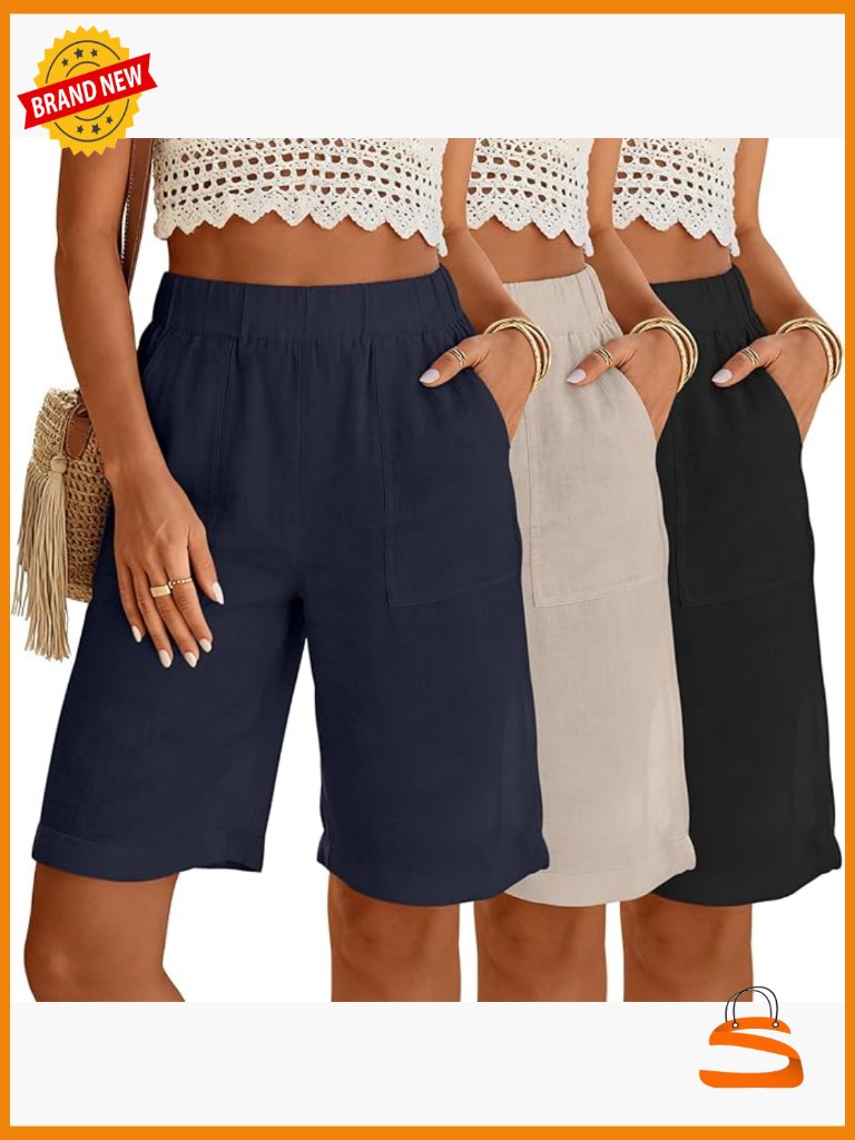 3 Pack Linen Bermuda Shorts High Waist Casual With Pockets